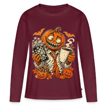 Halloween-Kürbisbürohengst im E-Mail-Chaos - Frauen Premium Bio Langarmshirt - Burgunderrot - Vorne - Julia (174cm)