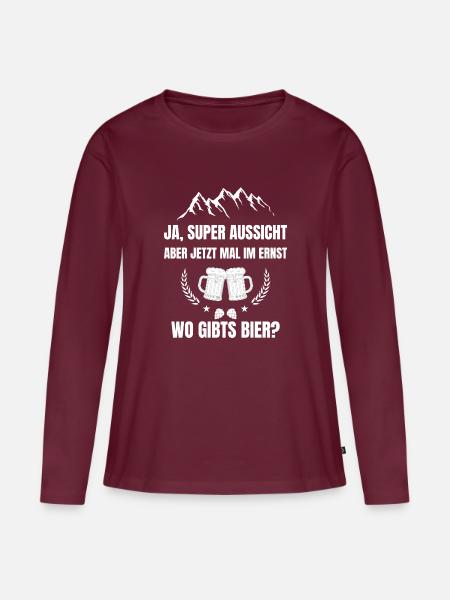 Super Aussicht, wo gibts Bier? - Frauen Premium Bio Langarmshirt - Burgunderrot