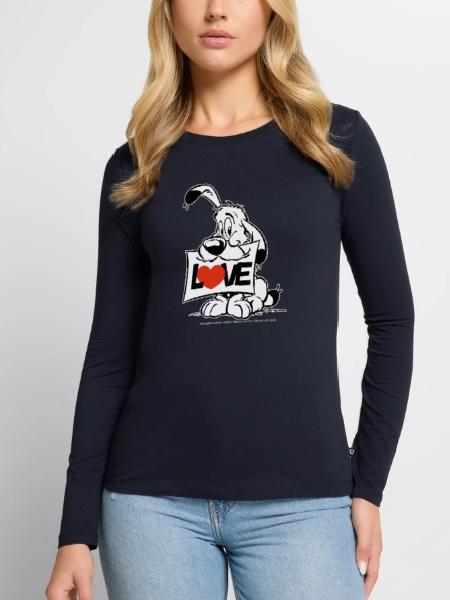 Asterix & Obelix Charakter Idefix - Frauen Premium Bio Langarmshirt - Navy - Vorne - Julia (174cm)