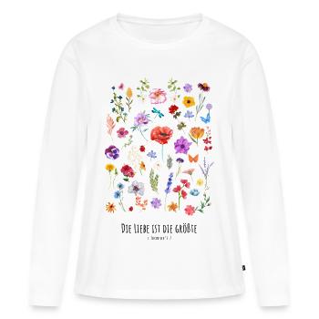 Christliches Shirt 1. Korinther 13,13 Liebe Blumen - Frauen Premium Bio Langarmshirt - Weiß - Vorne - Julia (174cm)