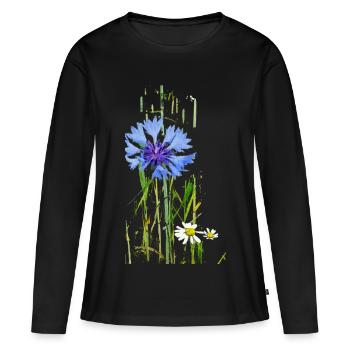 Kornblumen und Gänseblümchen Muster - Frauen Premium Bio Langarmshirt - Schwarz - Vorne - Julia (174cm)