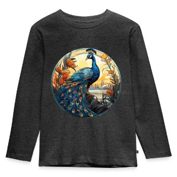 Pfau Buntes Aquarell Tier Illustration - Kinder Premium Bio Langarmshirt - Anthrazit meliert - Vorne - AI Model Kid Male (0cm)