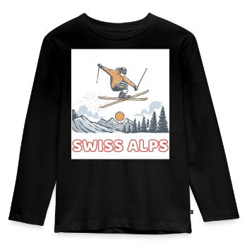 Skisprung über Schweizer Alpen - Kinder Premium Bio Langarmshirt - Schwarz - Vorne - AI Model Kid Male (0cm)