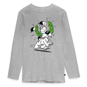 Asterix & Obelix Idefix Mit Lorbeerkranz - Teenager Premium Bio Langarmshirt - Grau meliert - Vorne
