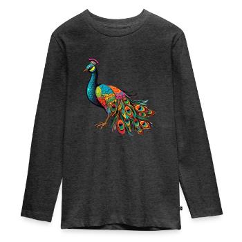 Pfau Niedliche Karikatur Kawaii Aquarell Tier Haustier - Teenager Premium Bio Langarmshirt - Anthrazit meliert - Vorne - AI Model Kid Female (0cm)