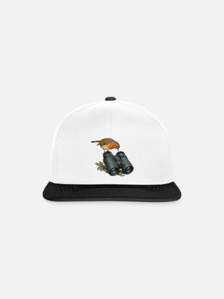Perspektivwechsel – Rotkehlchen am Fernglas - Snapback Cap - Weiß/Schwarz