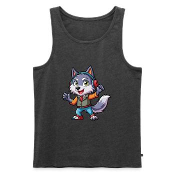 Wolf Lustige Zeichentrickfigur Kopfhörer Musik - Männer Premium Bio Tank Top - Anthrazit meliert - Vorne - Michal (187cm)