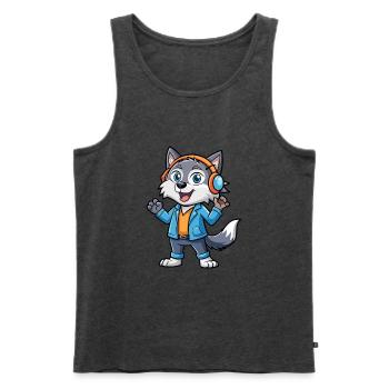 Wolf Lustige Zeichentrickfigur Kopfhörer Musik - Männer Premium Bio Tank Top - Anthrazit meliert - Vorne - Michal (187cm)