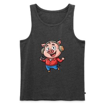 Cochon Drôle Dessin Animé Personnage Casque Musique - Débardeur bio Premium Homme - anthracite chiné - Devant - Michal (187cm)