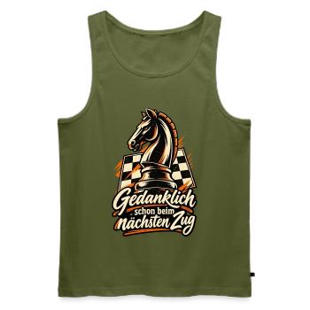 Schach Shirt mit Springer Gedanklich schon beim .. - Männer Premium Bio Tank Top - Khaki - Vorne - Michal (187cm)
