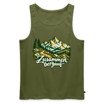 Zusammen bergauf Wanderpartner mit Bergpanorama - Männer Premium Bio Tank Top - Khaki - Vorne - Michal (187cm)