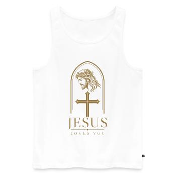 Jesus Loves You – Portrait mit Dornenkrone & Kreuz - Männer Premium Bio Tank Top - Weiß - Vorne - Michal (187cm)