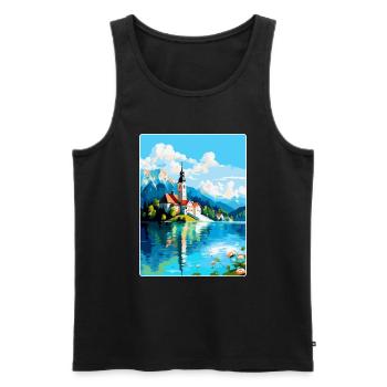 Lac de Bled, Slovénie, Affiche de voyage vintage, Souvenir - Débardeur bio Premium Homme - noir - Devant - Michal (187cm)