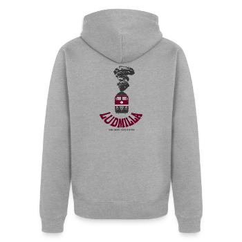 Ludmilla vor mit Rauch BR 130 131 132 230 231 232 - Unisex Premium Bio Zip Hoodie - Grau meliert - Hinten - Nico (187cm)