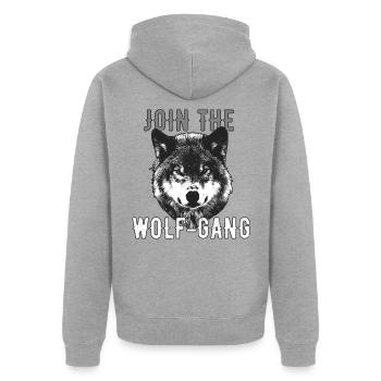 Join The Wolf Gang Wolfgang Vorname Name - Unisex Premium Bio Zip Hoodie - Grau meliert - Hinten - Nico (187cm)