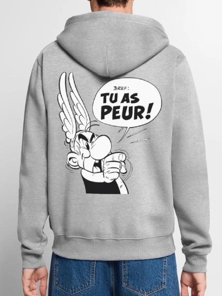 Asterix & Obelix – Asterix 'Du hast Angst!' - Unisex Premium Bio Zip Hoodie - Grau meliert - Hinten - Nico (187cm)