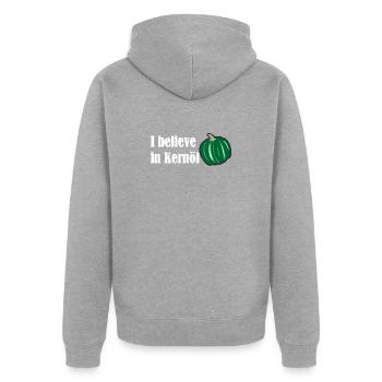 I believe in Kernöl Steiermark Österreich R - Unisex Premium Bio Zip Hoodie - Grau meliert - Hinten - Nico (187cm)
