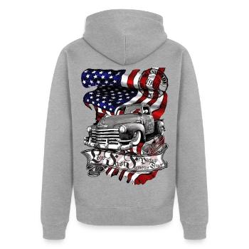 Oldtimer Truck Flagge Americana - Unisex Premium Bio Zip Hoodie - Grau meliert - Hinten - Nico (187cm)