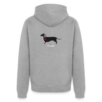 Dackel Viwaldi - der stilvolle Sänger - Unisex Premium Bio Zip Hoodie - Grau meliert - Hinten - Nico (187cm)