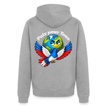 Frieden für alle – Frankreich - Unisex Premium Bio Zip Hoodie - Grau meliert - Hinten - Nico (187cm)