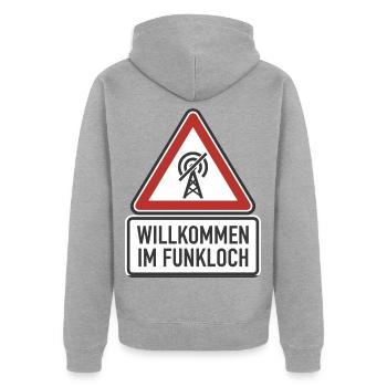 Willkommen im Funkloch Deutschland - Unisex Premium Bio Zip Hoodie - Grau meliert - Hinten - Nico (187cm)