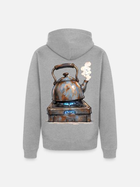Rostiger Teekessel auf Gasherd - Unisex Premium Bio Zip Hoodie - Grau meliert