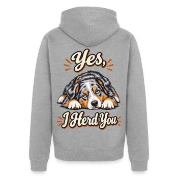 Ja, ich hüte dich – Australian Shepherd Aussie Dad - Unisex Premium Bio Zip Hoodie - Grau meliert - Hinten - Nico (187cm)