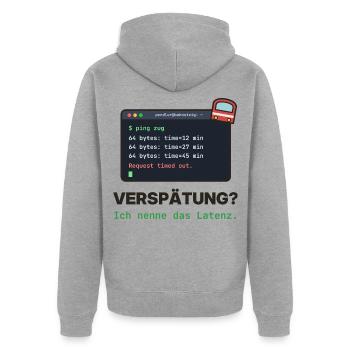 Latenz Lacher: Ping Verspätung - Unisex Premium Bio Zip Hoodie - Grau meliert - Hinten - Nico (187cm)