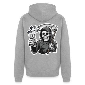 Bleib Positiv Grim Reaper Skelett Humor - Unisex Premium Bio Zip Hoodie - Grau meliert - Hinten - Nico (187cm)