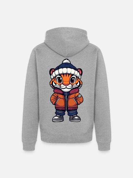 Tiger mit Winterjacke und Mütze - Unisex Premium Bio Zip Hoodie - Grau meliert