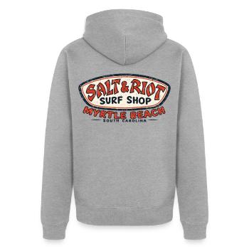 Salt & Riot Surf Shop Myrtle Beach - Unisex Premium Bio Zip Hoodie - Grau meliert - Hinten - Nico (187cm)