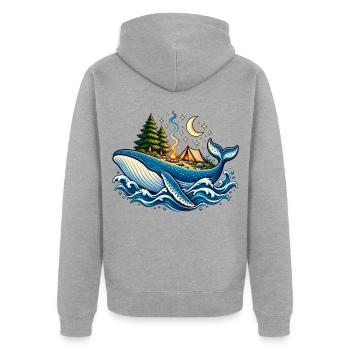 Whale Camp – Magisches Camping auf dem Wal - Unisex Premium Bio Zip Hoodie - Grau meliert - Hinten - Nico (187cm)