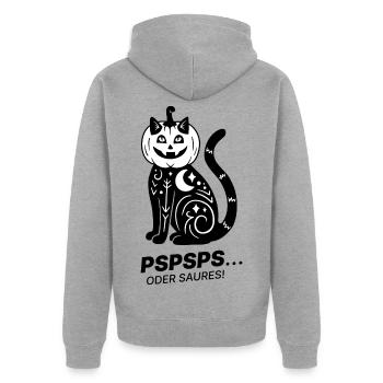 Pspsps oder Saures – Schwarze Katze Halloween - Unisex Premium Bio Zip Hoodie - Grau meliert - Hinten - Nico (187cm)