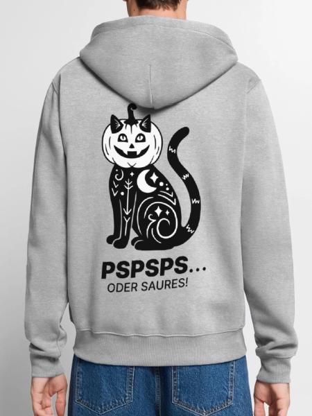 Pspsps oder Saures – Schwarze Katze Halloween - Unisex Premium Bio Zip Hoodie - Grau meliert - Hinten - Nico (187cm)