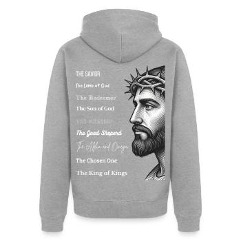 Jesus Porträt mit Dornenkrone und Titeln - Unisex Premium Bio Zip Hoodie - Grau meliert - Hinten - Nico (187cm)