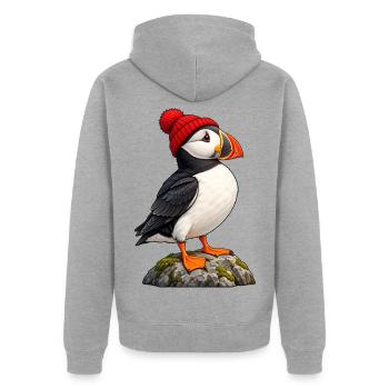 Papageitaucher mit roter Bobble-Mütze - Unisex Premium Bio Zip Hoodie - Grau meliert - Hinten - Nico (187cm)