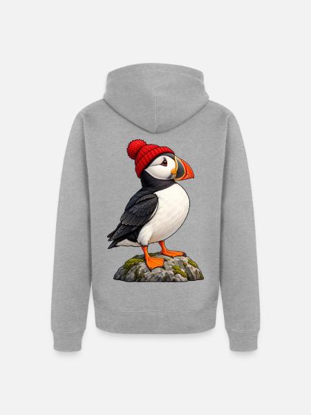 Papageitaucher mit roter Bobble-Mütze - Unisex Premium Bio Zip Hoodie - Grau meliert
