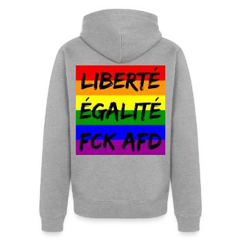 LIBERTÉ ÉGALITÉ FCK AFD REGENBOGEN FCK NZS, NO NZS - Unisex Premium Bio Zip Hoodie - Grau meliert - Hinten - Nico (187cm)
