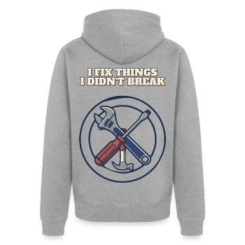 Ich repariere Dinge, die ich nicht kaputt gemacht habe, lustiges Mechanikerabzeichen - Unisex Premium Bio Zip Hoodie - Grau meliert - Hinten - Nico (187cm)
