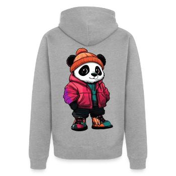 Panda mit Winterjacke und Mütze - Unisex Premium Bio Zip Hoodie - Grau meliert - Hinten - Nico (187cm)