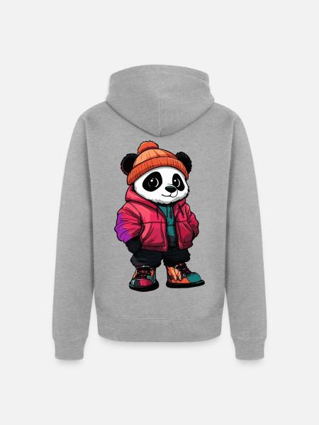 Panda mit Winterjacke und Mütze - Unisex Premium Bio Zip Hoodie - Grau meliert