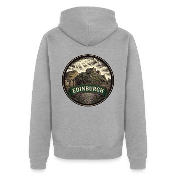 Edinburgh Scotland Travel Badge Castle Souvenir - Unisex Premium Bio Zip Hoodie - Grau meliert - Hinten - Nico (187cm)