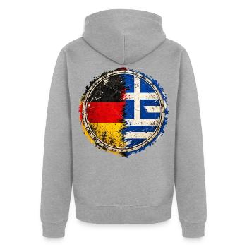 Deutschland Griechenland – Zwei Heimaten - Unisex Premium Bio Zip Hoodie - Grau meliert - Hinten - Nico (187cm)