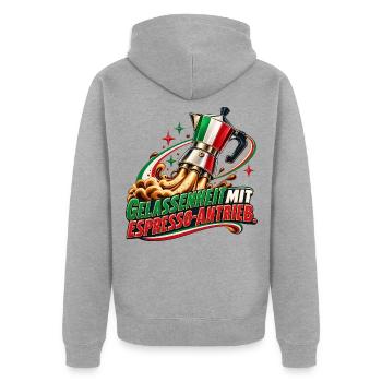Gelassenheit mit Espresso-Antrieb - Unisex Premium Bio Zip Hoodie - Grau meliert - Hinten - Nico (187cm)