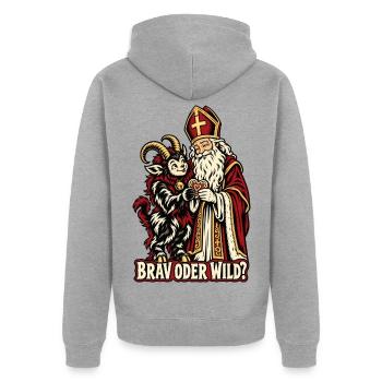 Brav oder wild? Krampus und Nikolaus - Unisex Premium Bio Zip Hoodie - Grau meliert - Hinten - Nico (187cm)