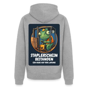 Staplerschein bestanden – Chamäleon am Stapler - Unisex Premium Bio Zip Hoodie - Grau meliert - Hinten - Nico (187cm)