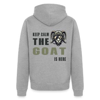 Ziege mit Militärhelm und Keep Calm Spruch - Unisex Premium Bio Zip Hoodie - Grau meliert - Hinten - Nico (187cm)