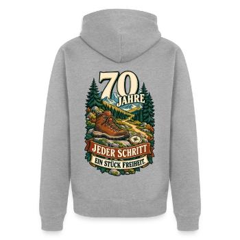 70 Jahre Jeder Schritt Freiheit - Unisex Premium Bio Zip Hoodie - Grau meliert - Hinten - Nico (187cm)