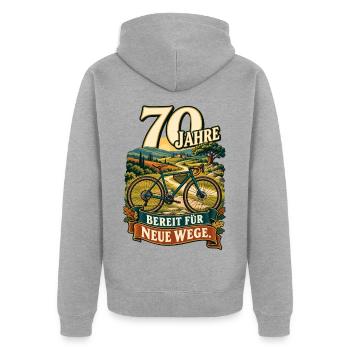 70 Jahre Bereit für Neue Wege - Unisex Premium Bio Zip Hoodie - Grau meliert - Hinten - Nico (187cm)