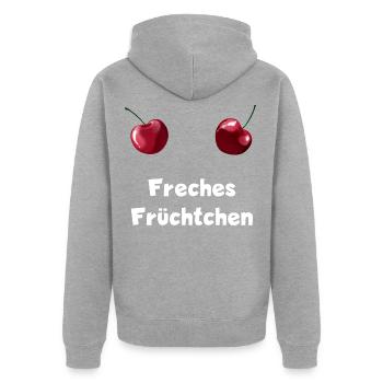 Freches Früchtchen - Zwei Kirschen Busen - Unisex Premium Bio Zip Hoodie - Grau meliert - Hinten - Nico (187cm)